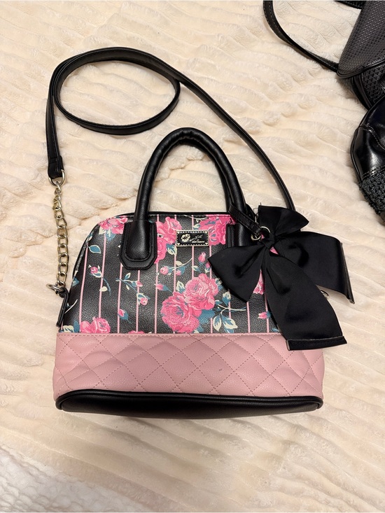 Betsey Johnson Handbags - Betsey Johnson Pink Floral Quilted Satchel with Black Bow